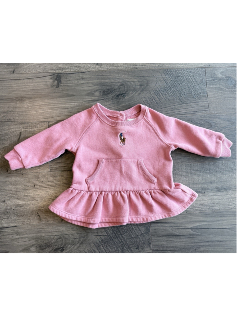 Ralph Lauren Baby Pink Peplum Sweatshirt Big Pony Fleece Pullover 9M Embroidered